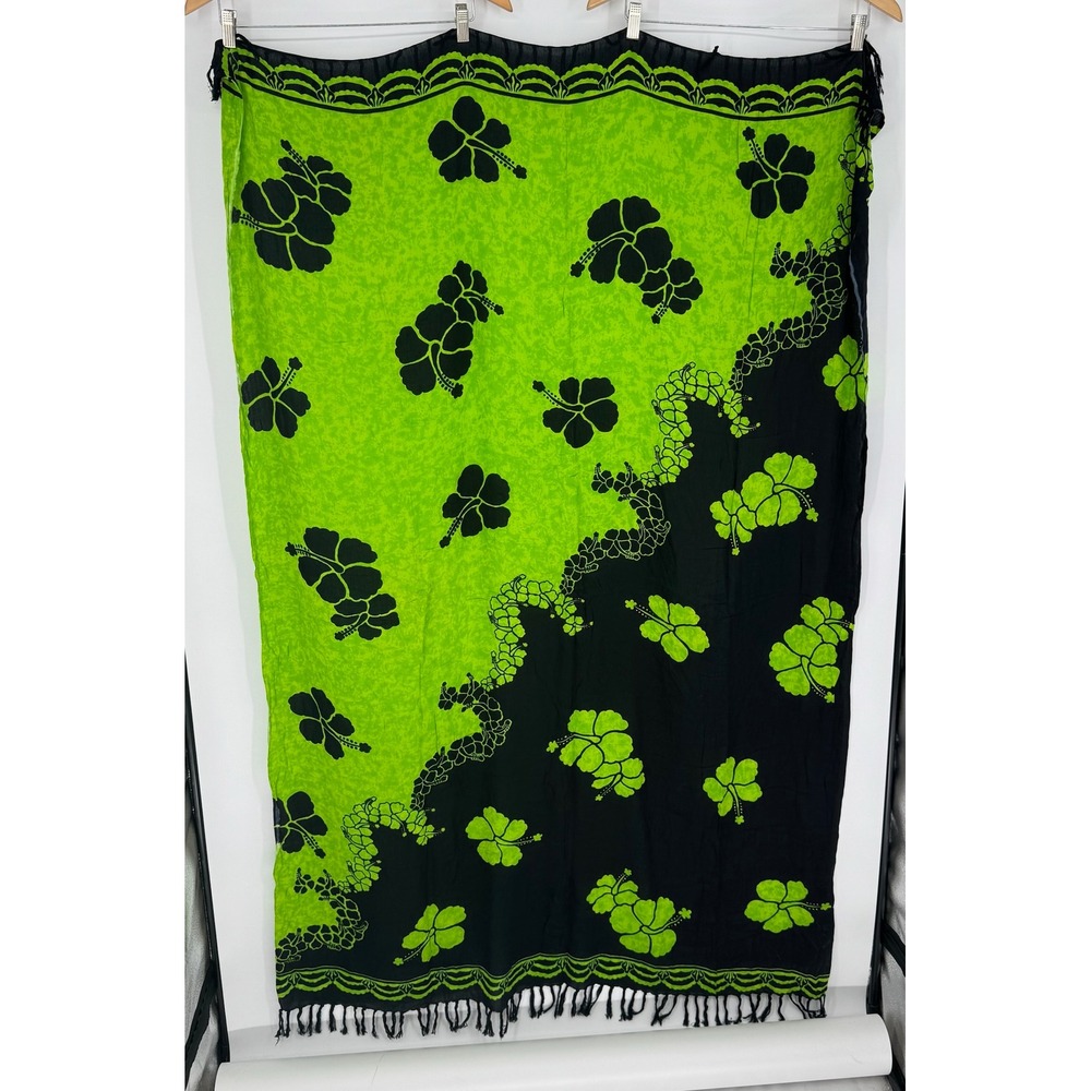 Pareos etc. Hibiscus Print Sarong Wrap Lime Green Black Tropical Beach Cover Up